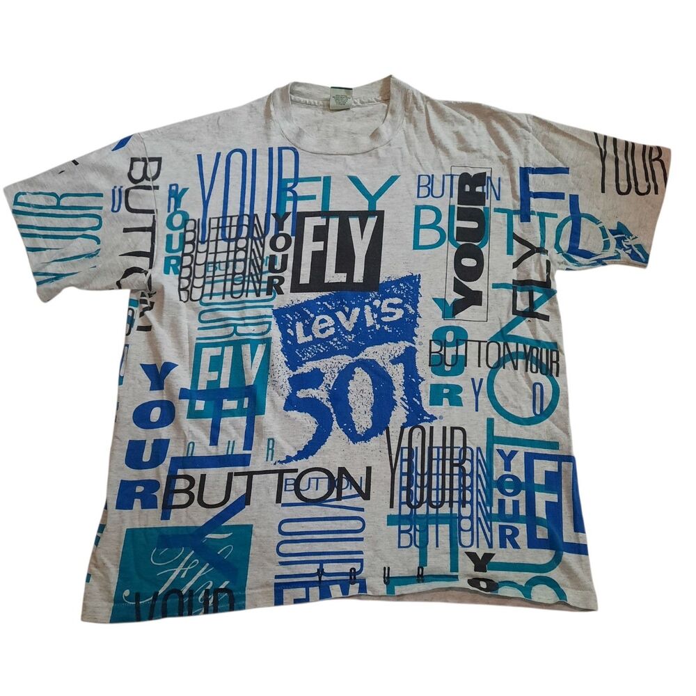 Vintage 1990’s Levi’s Men's Button Your Fly All Over Print T-Shirt XL